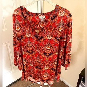 ROZ‎ & ALI Orange & Bronze Patterned 3/4 Sleeve Blouse-Size 2X